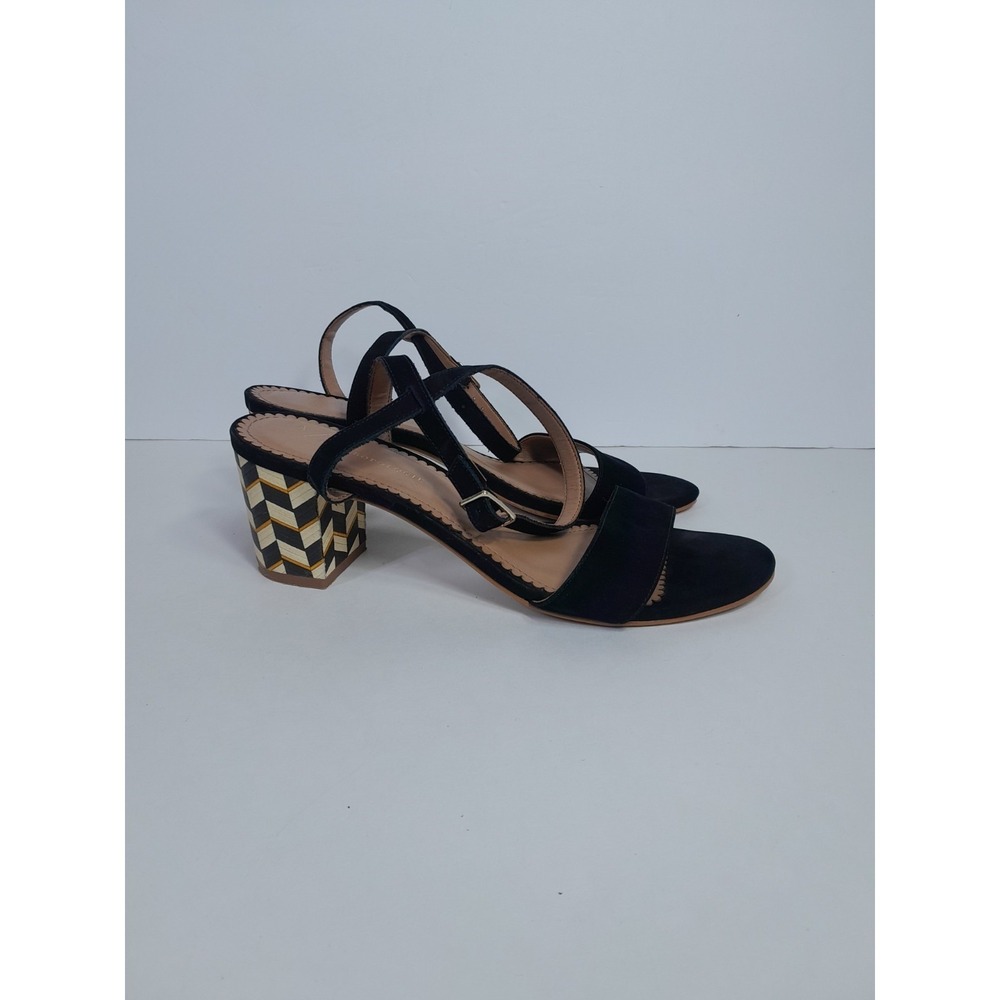 ANTHROPOLOGIE BLACK SUEDE ANKLE STRAP Cream GOLD CHEVRON MID HEEL Wm Sz   7.5 M